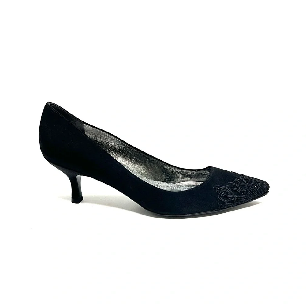 Vintage 1990s deadstock black nylon rhinestone lace pointed toe kitten heels